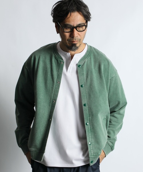 The DUFFER of ST.GEORGE(ザダファーオブセントジョージ)の「PIGMENT DYED POWDER WASH SNAP CARDIGAN:ピグメントダイ スナップカーディガン / スウェットアウター / ヴィンテージ加工(スウェット・メンズ・グリーン/ライトグレー・X-LARGE/LARGE/MEDIUM/SMALL)」の5枚目の写真