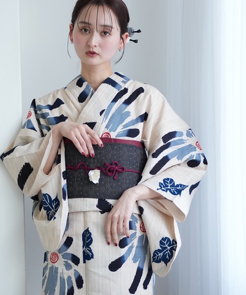 手染め注染浴衣3点セット utatane×注染工房 先染めベージュ 黒と炭青の