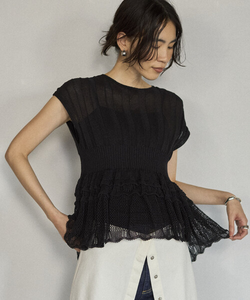 Firsthand（ファーストハンド）の「Firsthand/ファーストハンド ジャパンメイド ホールガーメント ペプラム トップス（ニット/セーター・レディース・ブラック/ブルーグリーン/ラベンダー・FREE）」の2枚目の写真