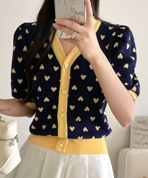 セール】【Mellfy】ハートドット 配色 半袖 ニット トップス（Tシャツ