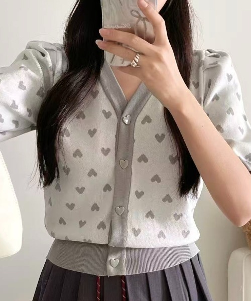 セール】【Mellfy】ハートドット 配色 半袖 ニット トップス（Tシャツ