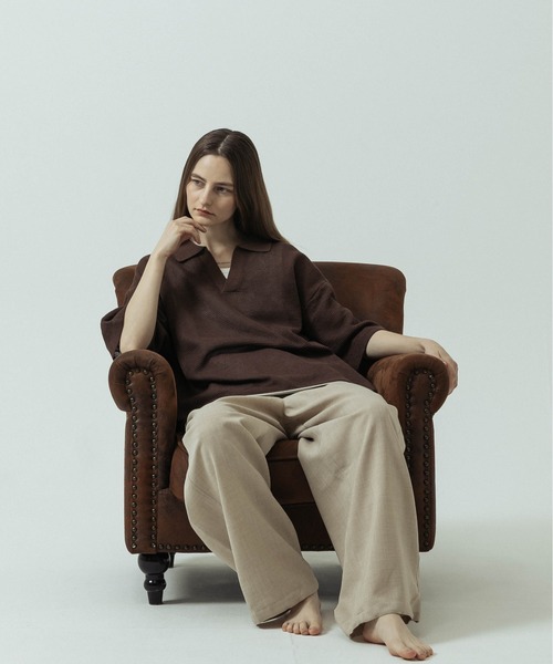 SLICK/スリック】Linen Mix Sheer Mesh Knit Skipper Polo/リネン