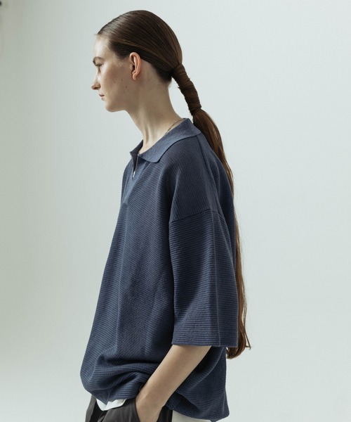 SLICK（スリック）の「【SLICK/スリック】Linen Mix Sheer Mesh Knit Skipper Polo/リネンミックス シアーメッシュニット スキッパーポロ（ポロシャツ・メンズ・ブラック/ブルー/ブラウン/キナリ・1/2/3）」の4枚目の写真