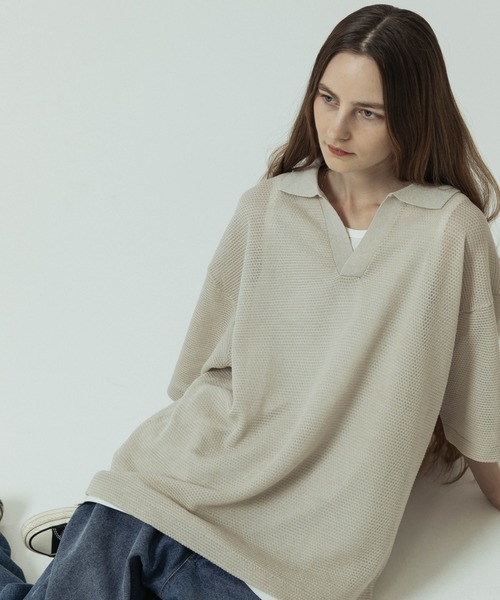 SLICK/スリック】Linen Mix Sheer Mesh Knit Skipper Polo/リネン