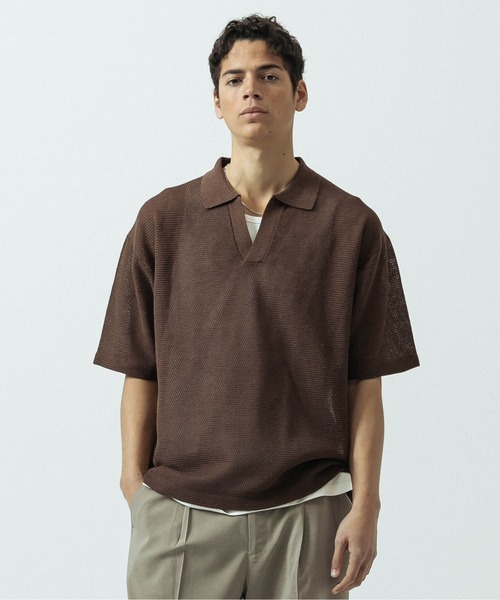 SLICK（スリック）の「【SLICK/スリック】Linen Mix Sheer Mesh Knit Skipper Polo/リネンミックス シアーメッシュニット スキッパーポロ（ポロシャツ・メンズ・ブラック/ブルー/ブラウン/キナリ・1/2/3）」の8枚目の写真