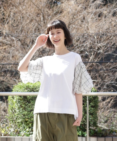 H.A.K(ハク)の「スワイー天竺+シースルーチェックカットソー(Tシャツ/カットソー・レディース・ホワイト/ブラック・FREE)」の1枚目の写真