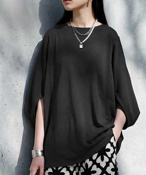 antiqua(アンティカ)の「接触冷感 ドルマン カットソー Tシャツ(Tシャツ/カットソー・レディース・ブラック/ブラウン系その他/アッシュグレー/ネイビー/ホワイト・ONESIZE)」の4枚目の写真