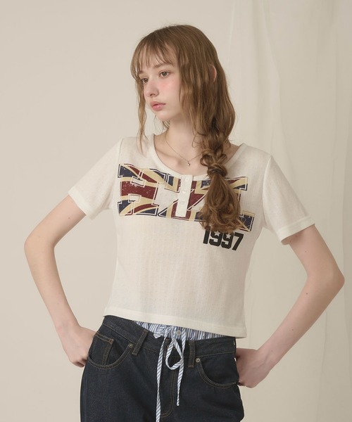 hazyl(ヘイジル)の「eyelet logo henry T-shirt/アイレットロゴヘンリーTシャツ(Tシャツ/カットソー・レディース・グレー/オフホワイト・フリー)」の6枚目の写真