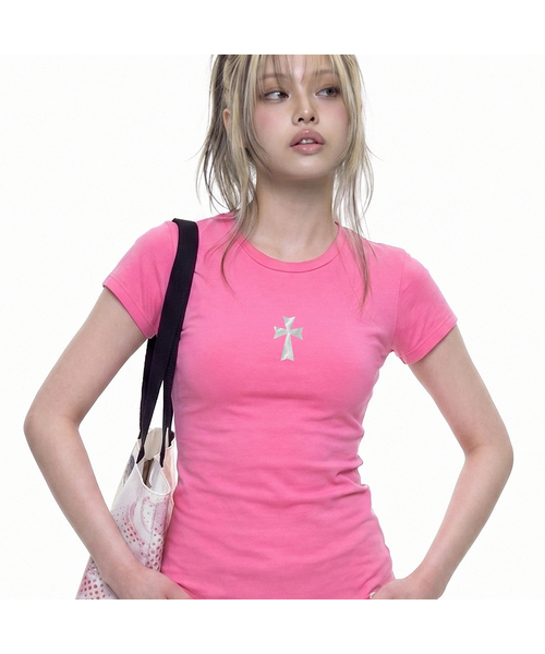 GRAVER（グレーバー）の「[ウィメンズ]CROSS_ベイビーティー_3カラー（Tシャツ/カットソー・レディース・ホワイト/PINK/ミント・ONE SIZE）」の3枚目の写真