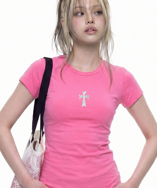 GRAVER（グレーバー）の「[ウィメンズ]CROSS_ベイビーティー_3カラー（Tシャツ/カットソー・レディース・ホワイト/PINK/ミント・ONE SIZE）」の8枚目の写真