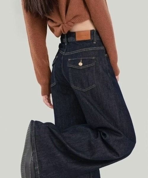 LAFFMO（ラフモ）の「ハイウエストワイドレッグデニムパンツ（デニムパンツ・レディース・ネイビー・S/M/L）」の2枚目の写真