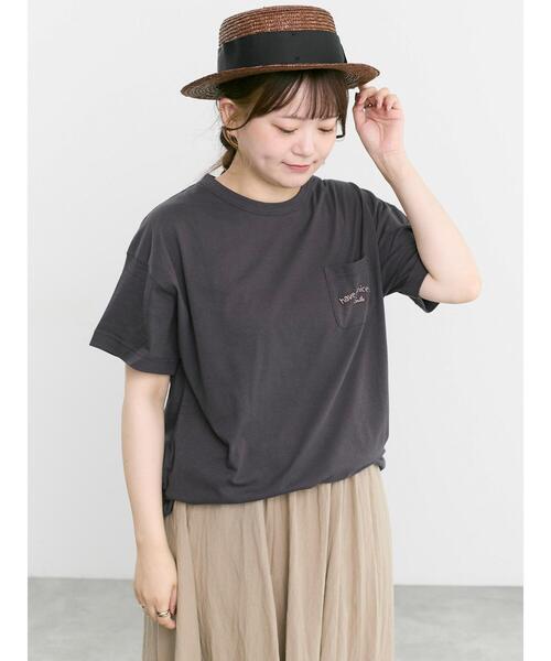 Samansa Mos2(サマンサ モスモス)の「【オーガニックコットン】刺繍ロゴTシャツ(Tシャツ/カットソー・レディース・チャコールグレー/ブルー/オフホワイト・F)」の6枚目の写真