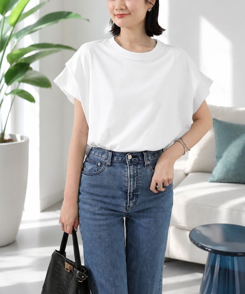 Amulet(アミュレット)の「ゆったり着られて着回し自在 フレアスリーブボーダー半袖Tシャツ(Tシャツ/カットソー・レディース・ベージュ/ホワイト×ブラック/ネイビー/ブラック/ホワイト/グレー・FREE)」の19枚目の写真