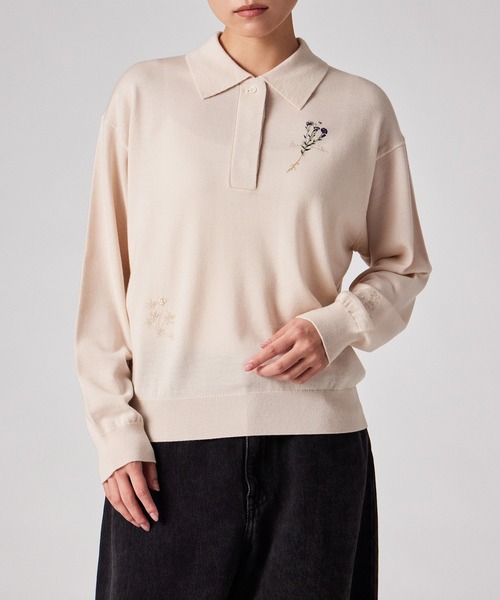 Paul Smith（ポールスミス）の「フラワーエンブロイダリー 長袖ニットポロシャツ / 265254 KN199（ニット/セーター・レディース・オフホワイト/ダークブラウン・MEDIUM）」の2枚目の写真