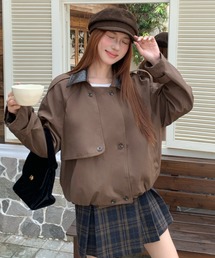 【秋冬新作】4色展開レザー調配色襟 ダブルボタンショートトレンチジャケット