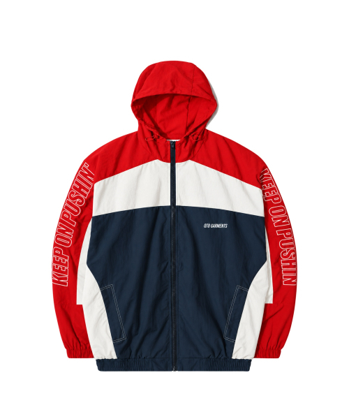 QT8 GARMENTS(キューティーエイトガーメント)の「MF Retro Hooded Track Jacket (レッド/アイボリー/ネイビー)(ナイロンジャケット・レディース・その他・MEDIUM/LARGE/X-LARGE)」の2枚目の写真
