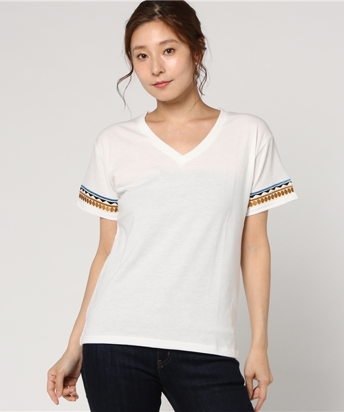 VENCEEXCHANGE（ヴァンスエクスチェンジ）の「袖オルテガ刺繍Tシャツ             （Tシャツ/カットソー・レディース・オレンジ/マスタード/ブラック/オリーブ/オフホワイト・MEDIUM）」の2枚目の写真