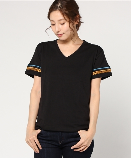 VENCEEXCHANGE（ヴァンスエクスチェンジ）の「袖オルテガ刺繍Tシャツ             （Tシャツ/カットソー・レディース・オレンジ/マスタード/ブラック/オリーブ/オフホワイト・MEDIUM）」の3枚目の写真