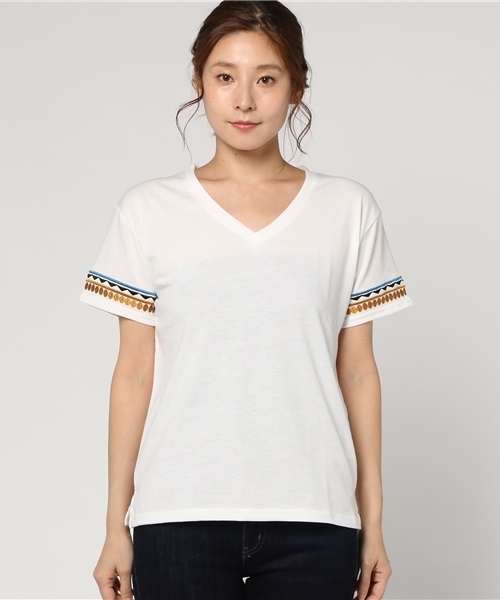 VENCEEXCHANGE（ヴァンスエクスチェンジ）の「袖オルテガ刺繍Tシャツ             （Tシャツ/カットソー・レディース・オレンジ/マスタード/ブラック/オリーブ/オフホワイト・MEDIUM）」の6枚目の写真