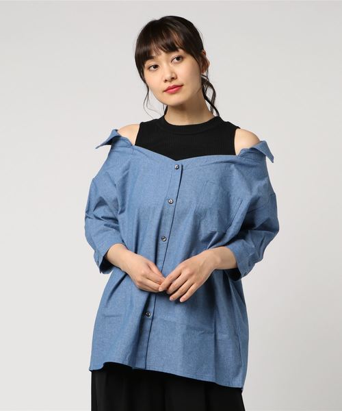 One Way ワンウェイ の 七分レイヤードデニムシャツチュニック シャツ ブラウス Wear