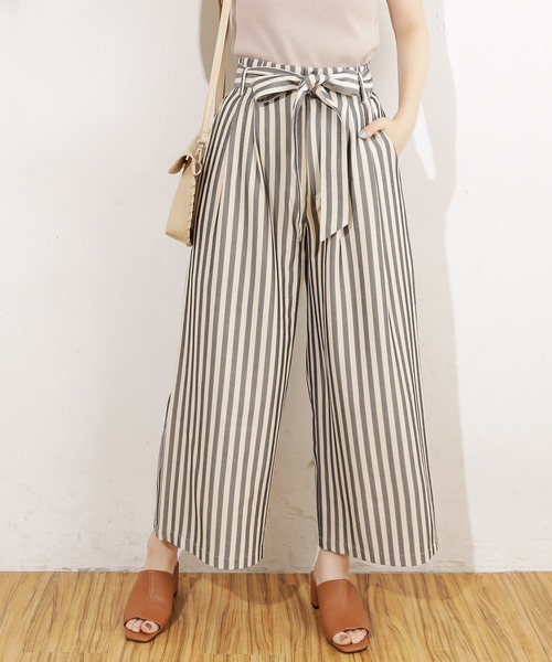 natural couture（ナチュラルクチュール）の「共リボン付きワイドパンツ（その他パンツ・レディース・ライトベージュ/キャメル/ストライプ・FREE）」の3枚目の写真