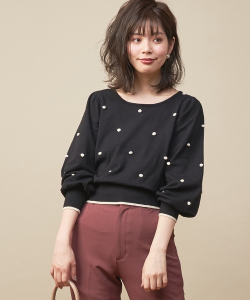 natural couture（ナチュラルクチュール）の「配色ポンポンレトロニット（ニット/セーター・レディース・ブラック/パープル/アイボリー/ピンクベージュ・FREE）」の10枚目の写真
