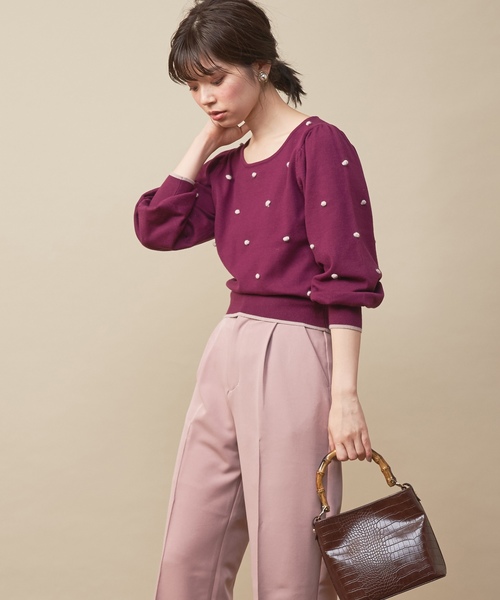 natural couture（ナチュラルクチュール）の「配色ポンポンレトロニット（ニット/セーター・レディース・ブラック/パープル/アイボリー/ピンクベージュ・FREE）」の15枚目の写真