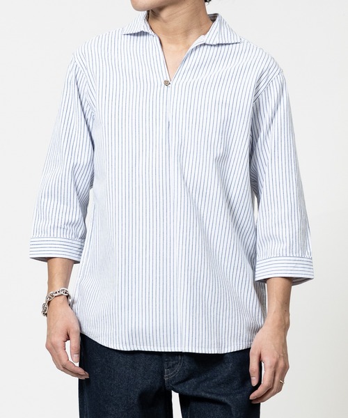 Candy Fantasy（キャンディーファンタジー）の「【a】パナマ7分袖カプリシャツ（シャツ/ブラウス・メンズ・カーキ/ミント/ネイビー/ピンク/ベージュ/ブラック×ホワイト/ホワイト×ネイビー/ネイビー×ホワイト/ホワイト/ブルー/ベージュ系/イエロー/ホワイト系その他/ブルー系その他/ブラック・MEDIUM/LARGE/X-LARGE）」の4枚目の写真