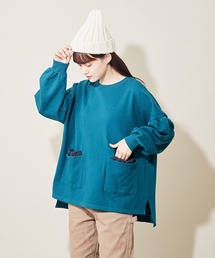 CUBE SUGAR（キューブシュガー）の「WEB限定 裏毛×布帛×フライス Wポケット付 ギャザースリーブ プルオーバー スウェット（スウェット）」