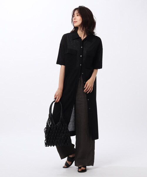 L 洗える ロングシャツ風ニットカーディガン