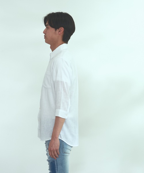 Blue Standard (ブルースタンダード)の「【BLUE STANDARD】しゃり感 涼しい フレンチオーガニックリネンミックス 7分袖シャツ(シャツ/ブラウス・メンズ・ホワイト/ブラック/ブルー/ライトベージュ・MEDIUM/LARGE/X-LARGE)」の17枚目の写真