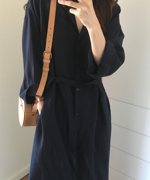 TheiaIvy(スィアアイビー)の「前開き羽織りシャツワンピース(シャツワンピース・レディース・ネイビー/ブラウン・M/S/L/XL)」の14枚目の写真
