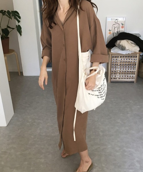TheiaIvy(スィアアイビー)の「前開き羽織りシャツワンピース(シャツワンピース・レディース・ネイビー/ブラウン・M/S/L/XL)」の12枚目の写真