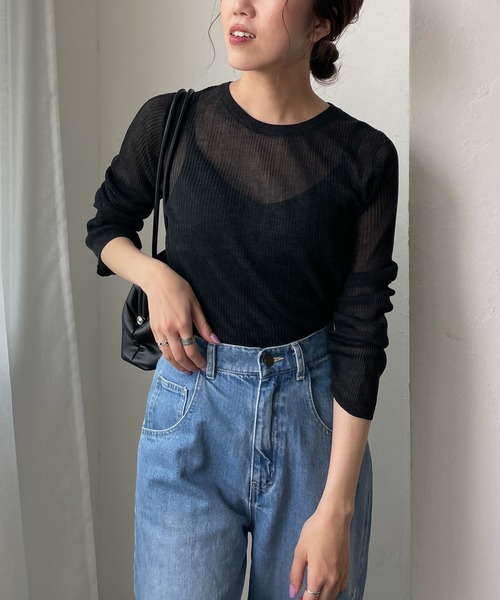 CAPRICIEUX LE'MAGE(カプリシューレマージュ)の「シアーリブプルオーバー(ニット/セーター・レディース・チャコールグレー/ライトベージュ/グレイッシュベージュ・FREE)」の2枚目の写真