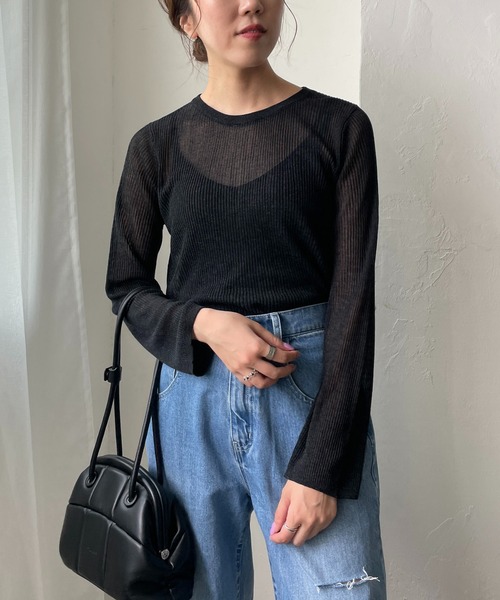 CAPRICIEUX LE'MAGE(カプリシューレマージュ)の「シアーリブプルオーバー(ニット/セーター・レディース・チャコールグレー/ライトベージュ/グレイッシュベージュ・FREE)」の5枚目の写真