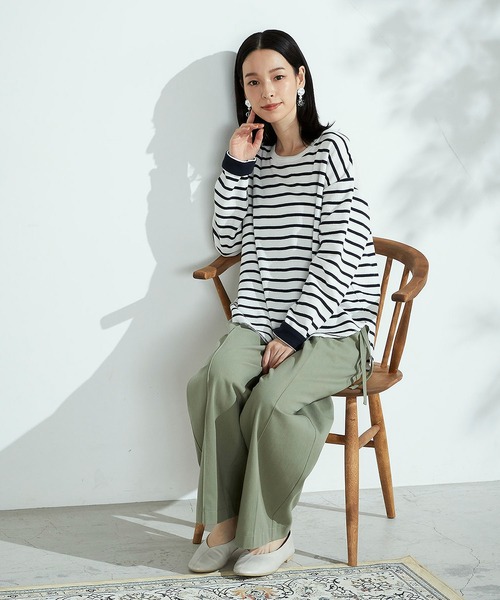 ONIGIRI（オニギリ）の「ボーダー　ロングＴシャツ（Tシャツ/カットソー・レディース・ラベンダー/ホワイト×ネイビー・MEDIUM/LARGE）」の16枚目の写真