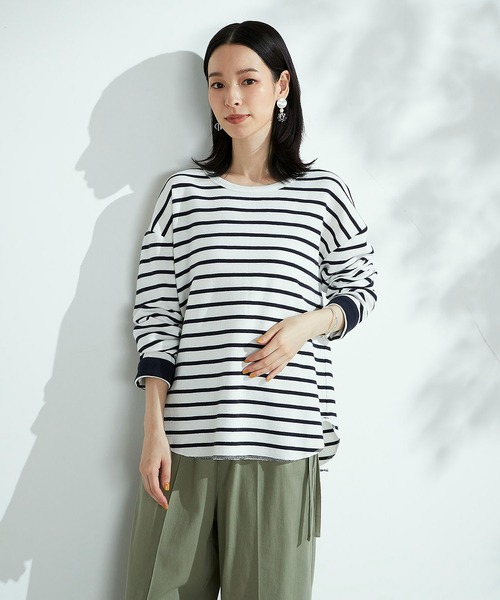 ONIGIRI（オニギリ）の「ボーダー　ロングＴシャツ（Tシャツ/カットソー・レディース・ラベンダー/ホワイト×ネイビー・MEDIUM/LARGE）」の3枚目の写真