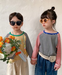 aimoha | 【aimoha-KIDS-】【新作】韓国子供服 配色袖切り替えボーダー柄リンガーロングｔ(Tシャツ/カットソー)