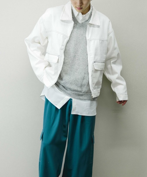 Chikashitsu +(チカシツプラス)の「【Chikashitsu +/チカシツプラス】cropped stitch jacket/クロップドステッチジャケット ライトアウター スプリングジャケット(その他アウター・メンズ・ブラック/ブルー/ホワイト・ONE SIZE)」の2枚目の写真