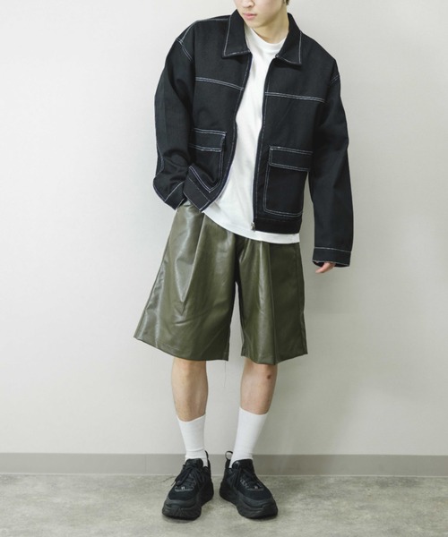 Chikashitsu +(チカシツプラス)の「【Chikashitsu +/チカシツプラス】cropped stitch jacket/クロップドステッチジャケット ライトアウター スプリングジャケット(その他アウター・メンズ・ブラック/ブルー/ホワイト・ONE SIZE)」の1枚目の写真