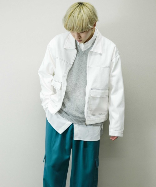 Chikashitsu +(チカシツプラス)の「【Chikashitsu +/チカシツプラス】cropped stitch jacket/クロップドステッチジャケット ライトアウター スプリングジャケット(その他アウター・メンズ・ブラック/ブルー/ホワイト・ONE SIZE)」の4枚目の写真