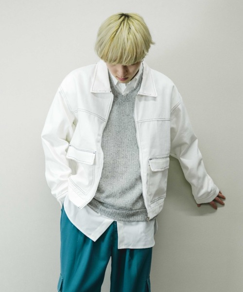 Chikashitsu +(チカシツプラス)の「【Chikashitsu +/チカシツプラス】cropped stitch jacket/クロップドステッチジャケット ライトアウター スプリングジャケット(その他アウター・メンズ・ブラック/ブルー/ホワイト・ONE SIZE)」の5枚目の写真