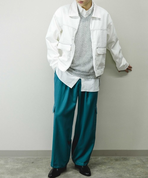 Chikashitsu +(チカシツプラス)の「【Chikashitsu +/チカシツプラス】cropped stitch jacket/クロップドステッチジャケット ライトアウター スプリングジャケット(その他アウター・メンズ・ブラック/ブルー/ホワイト・ONE SIZE)」の6枚目の写真
