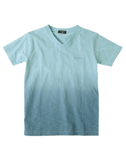 GLAZOS（グラソス）の「スラブ天竺・グラデーションプリント刺繍ロゴVネック半袖Ｔシャツ（Tシャツ/カットソー・キッズ・ブルー/オレンジ/グリーン・150cm/130cm/160cm/170cm/140cm）」の4枚目の写真