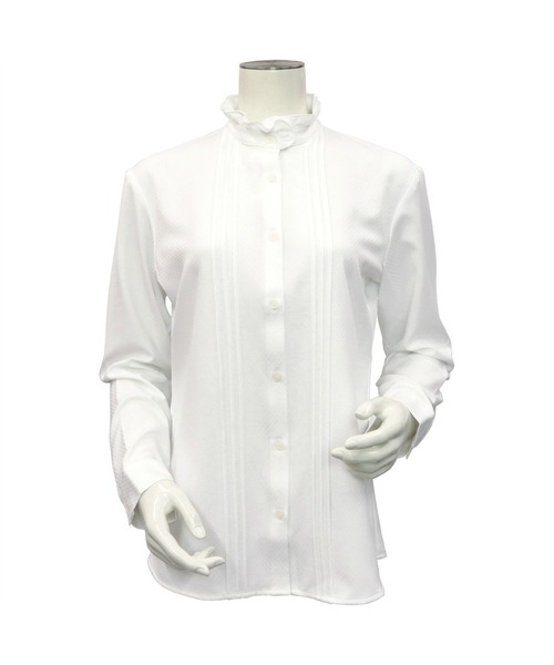 TOKYO SHIRTS（トウキョウシャツ）の「形態安定ノーアイロン フリル付きスタンドカラー 長袖ビジネスワイシャツ（ビジネスシャツ・レディース・ホワイト・S/M/L/LL）」の3枚目の写真