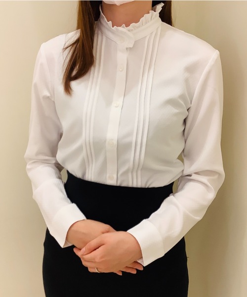 TOKYO SHIRTS（トウキョウシャツ）の「形態安定ノーアイロン フリル付きスタンドカラー 長袖ビジネスワイシャツ（ビジネスシャツ・レディース・ホワイト・S/M/L/LL）」の6枚目の写真