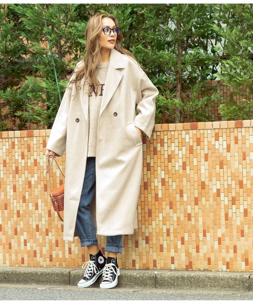 ANAP（アナップ）の「ダブルボタンロングテーラードコート（チェスターコート・レディース・グレー/アイボリー/グリーン/ブルー/ブラック・FREE）」の2枚目の写真