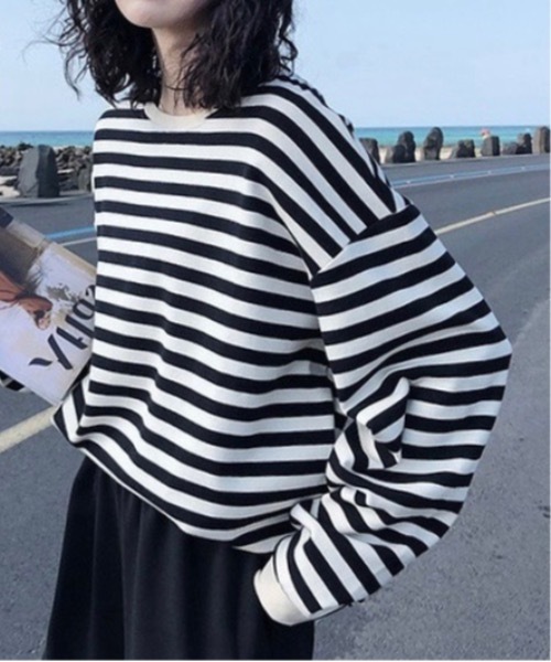 Burner(バーナー)の「【OKUOKU 0909】ラウンドネック ボーダー ロングスリーブ Tシャツ oku-tops-685604443846-14(Tシャツ/カットソー・レディース・A/B・FREE)」の1枚目の写真