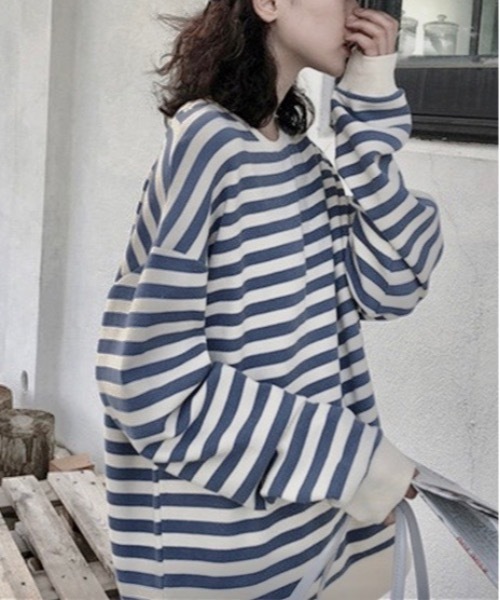 Burner(バーナー)の「【OKUOKU 0909】ラウンドネック ボーダー ロングスリーブ Tシャツ oku-tops-685604443846-14(Tシャツ/カットソー・レディース・A/B・FREE)」の4枚目の写真