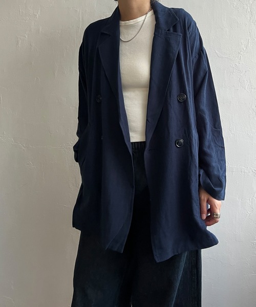 LBC(エルビーシー)の「【セットアップ対応】レーヨン麻ダブルジャケットコート(テーラードジャケット・レディース・ベージュ/ネイビー・M)」の9枚目の写真